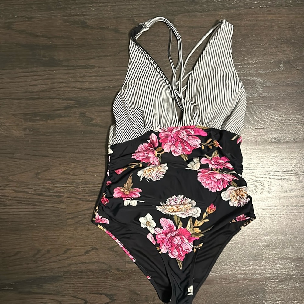 Floral Black & White One-Piece Swimsuit with Pink Flowers